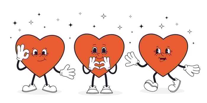 Set groovy hearts trendy retro cartoon style. Cute character for Valentine's day card, poster, print, party invitation, background. vector