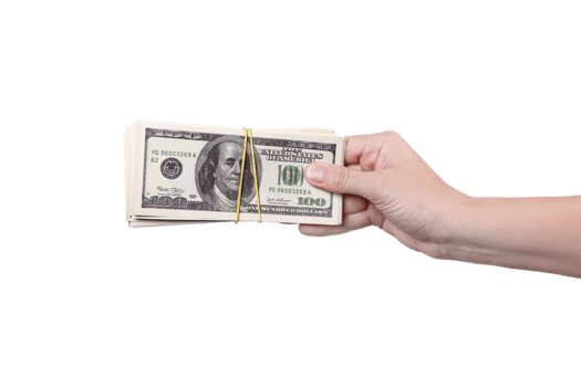 Hand gives stack of money on the right . Money in a hand isolated on transparent background png