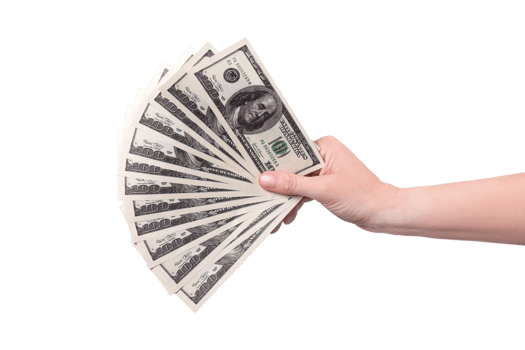 Hand on the right shows a fan of money. Money in a hand isolated on transparent background png