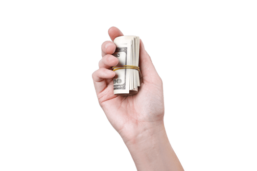 Woman's hand holding rolled up money transparent background png