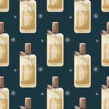 Glass elegant bottle of fragrant perfume. Vector seamless pattern, cartoon eau de parfum.