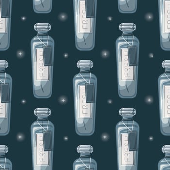 Glass elegant bottle of fragrant perfume. Vector seamless pattern, cartoon eau de parfum.
