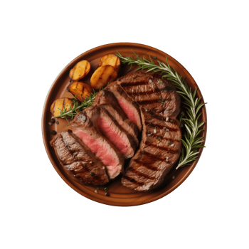 AI generated top view beef steak in a plate isolated on a transparent background, PNG