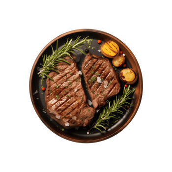 AI generated top view beef steak in a plate isolated on a transparent background, PNG