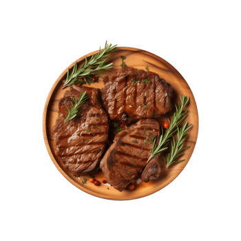 AI generated top view beef steak in a plate isolated on a transparent background, PNG