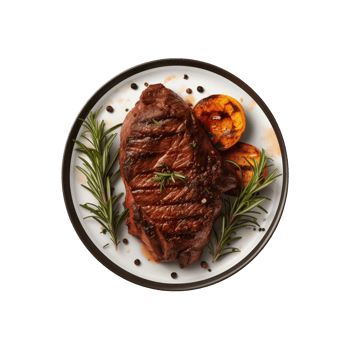 AI generated top view beef steak in a plate isolated on a transparent background, PNG