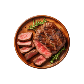 AI generated top view beef steak in a plate isolated on a transparent background, PNG