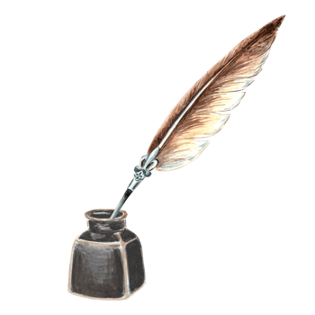 Watercolor of old inkwell with feather pen. Template illustration of antique ink bottle. Hand drawn isolated illustration for invitation and card, printing on packaging and textiles, making stickers png
