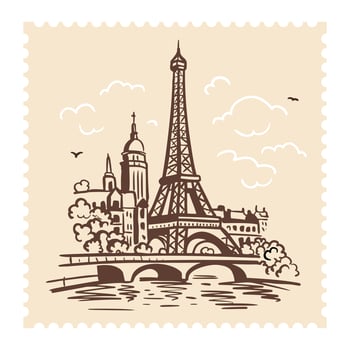 Eiffel Tower in Paris on a postage stamp. Landmark of Paris. Doodle style illustration vector