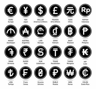World currency symbols used in different countries, black flat currency icons on white background. vector