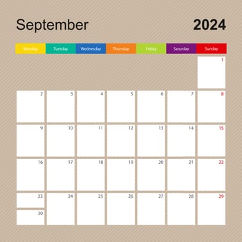 Calendar page for September 2024, wall planner with colorful design. Week starts on Monday. vector
