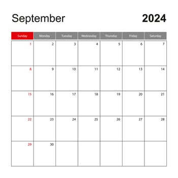 Wall calendar template for September 2024. Holiday and event planner, week starts on Sunday. vector