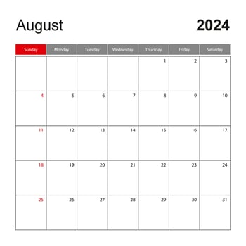 Wall calendar template for August 2024. Holiday and event planner, week starts on Sunday. vector
