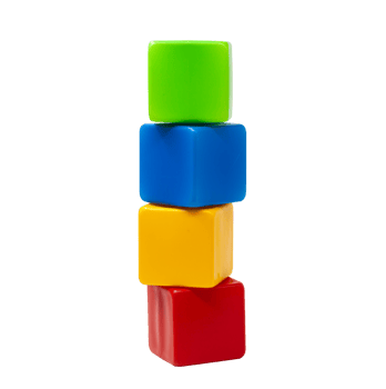 Multicolored plastic cubes for children's games. Yellow and blue with green cubes stands on top of red. The cubes are turreted. One on one. High quality photo. png