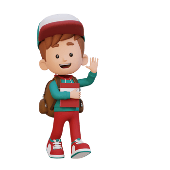 3D happy kid character walking go to school holding book and waving hand png