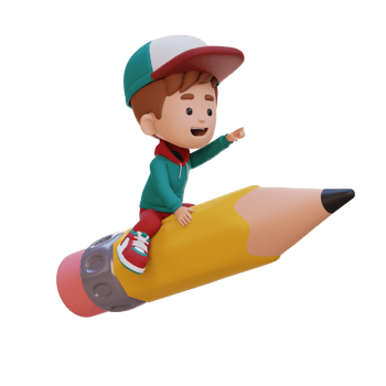 3D kid character riding a pencil and pointing hand png