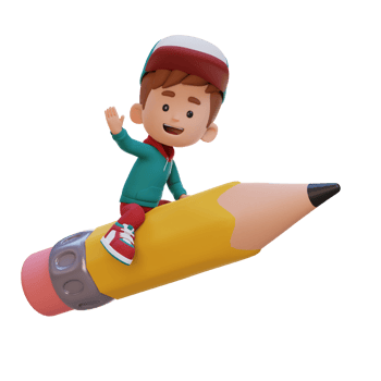 3D kid character riding a pencil and waving hand png