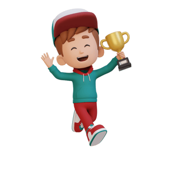 3D kid character celebrating win holding a trophy png