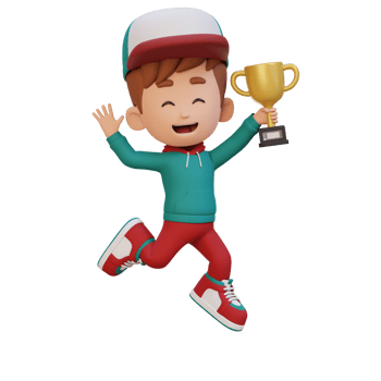 3D kid character celebrating win holding a trophy png