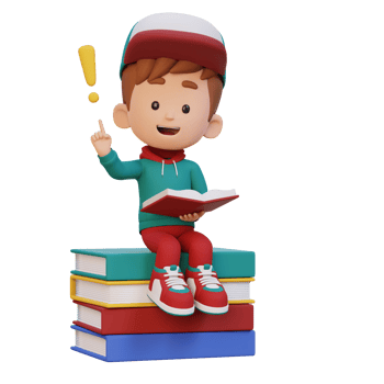 3D kid character get an idea when reading a book png