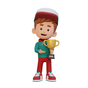3D kid character celebrating win holding a trophy png