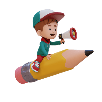 3D kid character riding a pencil and holding megaphone png