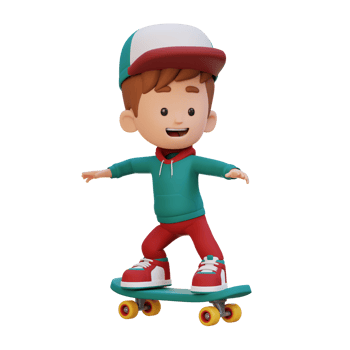 3D kid character ride skateboard png