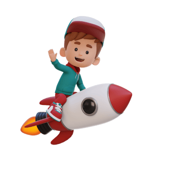3D kid character riding a rocket and waving hand png