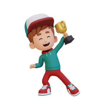 3D kid character celebrating win holding a trophy png