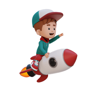 3D kid character riding a rocket and pointing hand png