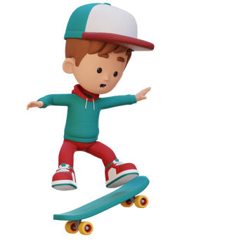3D kid character ride skateboard png