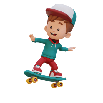 3D kid character ride skateboard png