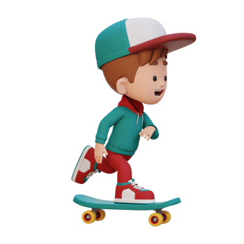 3D kid character ride skateboard png