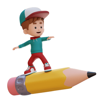 3D kid character standing riding a pencil png