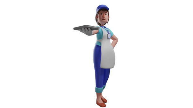 3D illustration. Great Waiter 3D cartoon character. Beautiful waitress carrying a tray with one hand. The senior waiter gives the others an example of how to carry the tray. 3D cartoon character png