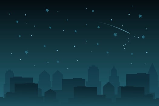 Night cityscape. Night city vector illustration with tall buildings, stars, and shooting star.