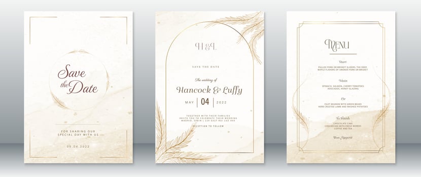 Elegant wedding invitation card template with gold frame vector