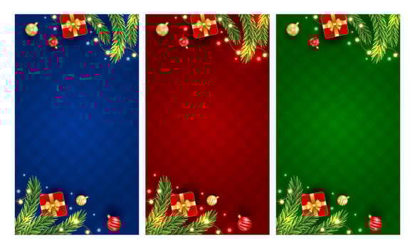 Merry Christmas and Happy New Year vertical background with Christmas branch, balls, snowflakes. For sale, banner, posters, cover design templates, social media wallpaper stories vector
