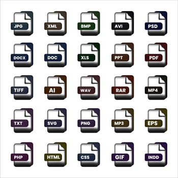 file format Black and White Icons Set. Vector black file format icons set on white background