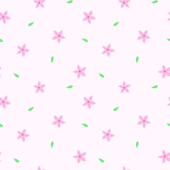 Seamless pattern with cute pink flower with five petals and small green leaves. Vector design for printing, wrapping paper, gift, or textile.
