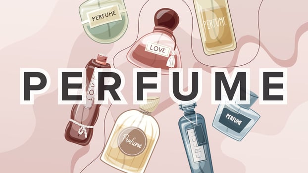 Trendy vector background, advertising banner template. Elegant cartoon women perfume bottles, packaging or flyer design.