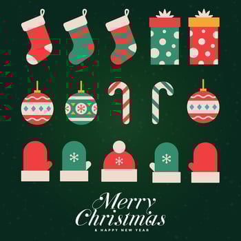 Merry Christmas background with Christmas pendants, gift boxes, hats vector collection