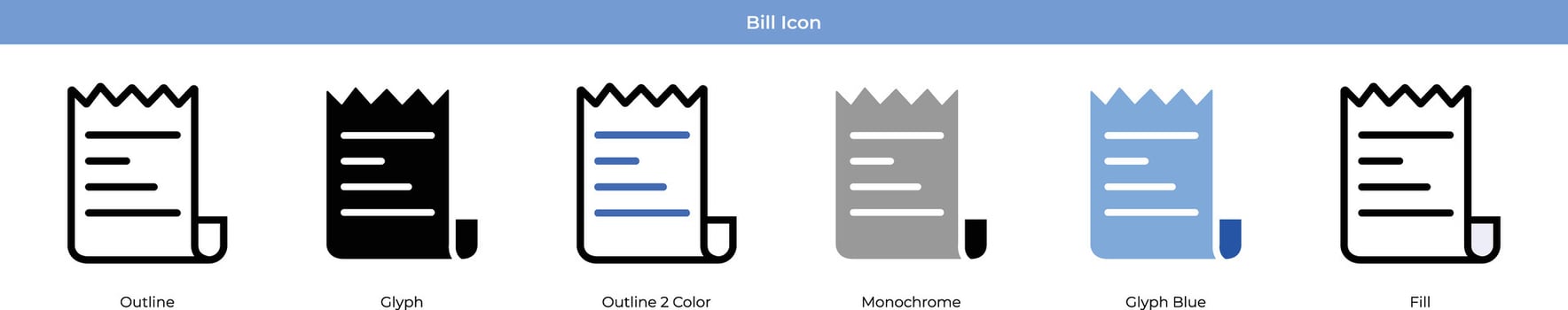 Bill icon set with 6 style vector