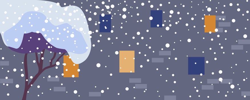 House with bright windows on a winter night with snow. Vector illustration