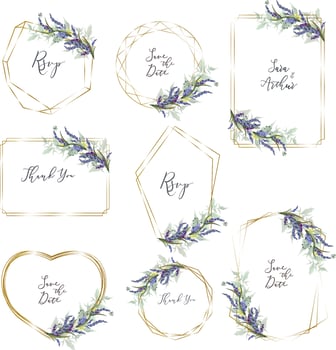 Floral Collection. A set of frames for wedding design. Lavender, gold frames. vector