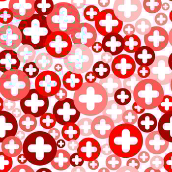 Plus cross pattern. Abstract medical seamless background. Vector hospital and healthcare geometric symbol. Simple red elements on white backdrop.