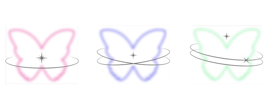 Y2k blurred butterfly. Gradient sticker element. Aesthetic groovy soft figure with glow. Aura trendy effect with orbits and sparkles on white background vector