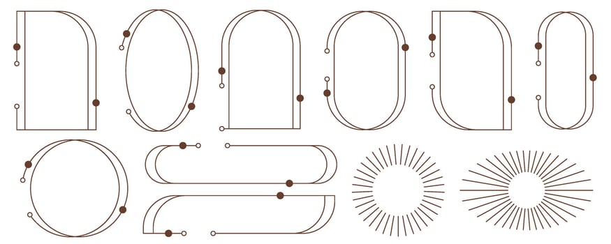 Aesthetic frames and shapes. Minimal y2k outline graphic design with sparkles. Abstract minimalistic arches borders. Trendy boho geometric templates set. Vector illustration.