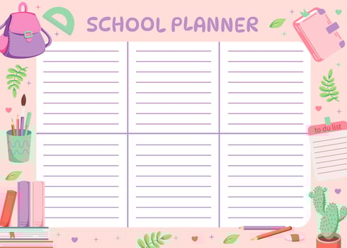 School planner with drawings of stationery. Background for notes with school supplies. Schedule is for 6 days. Hand drawn vector illustration. Kawaii background for girls Kids schedule design template