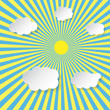 Retro vintage background. Sun beam ray background with white cloud. Sunlight wallpaper. Circus placard. Vector illustration